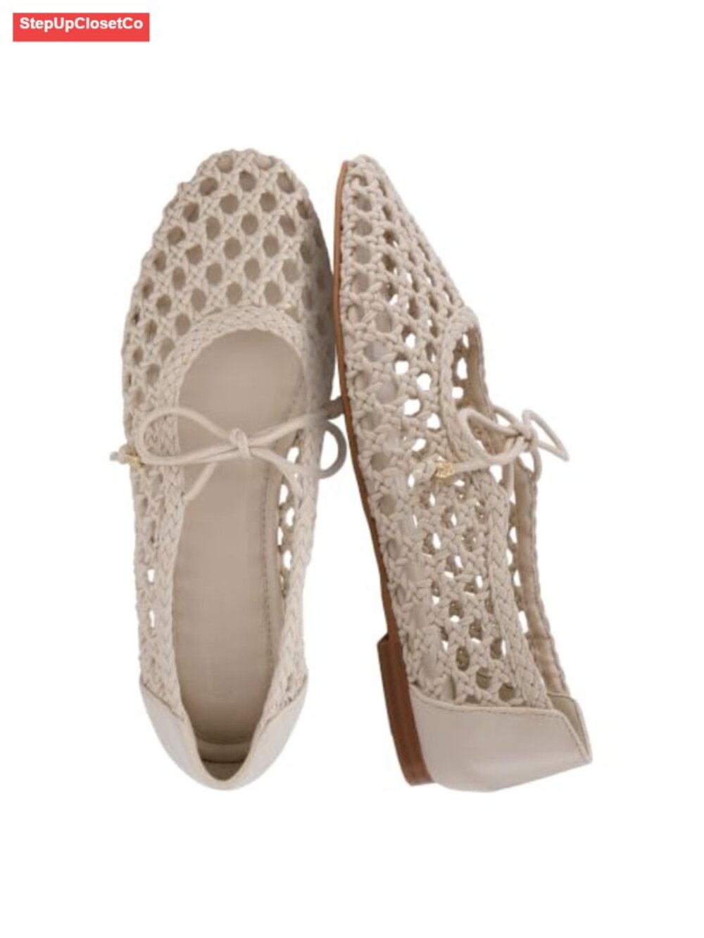 Woven Lace Up Ballet Flats Square Toe Faux Leather